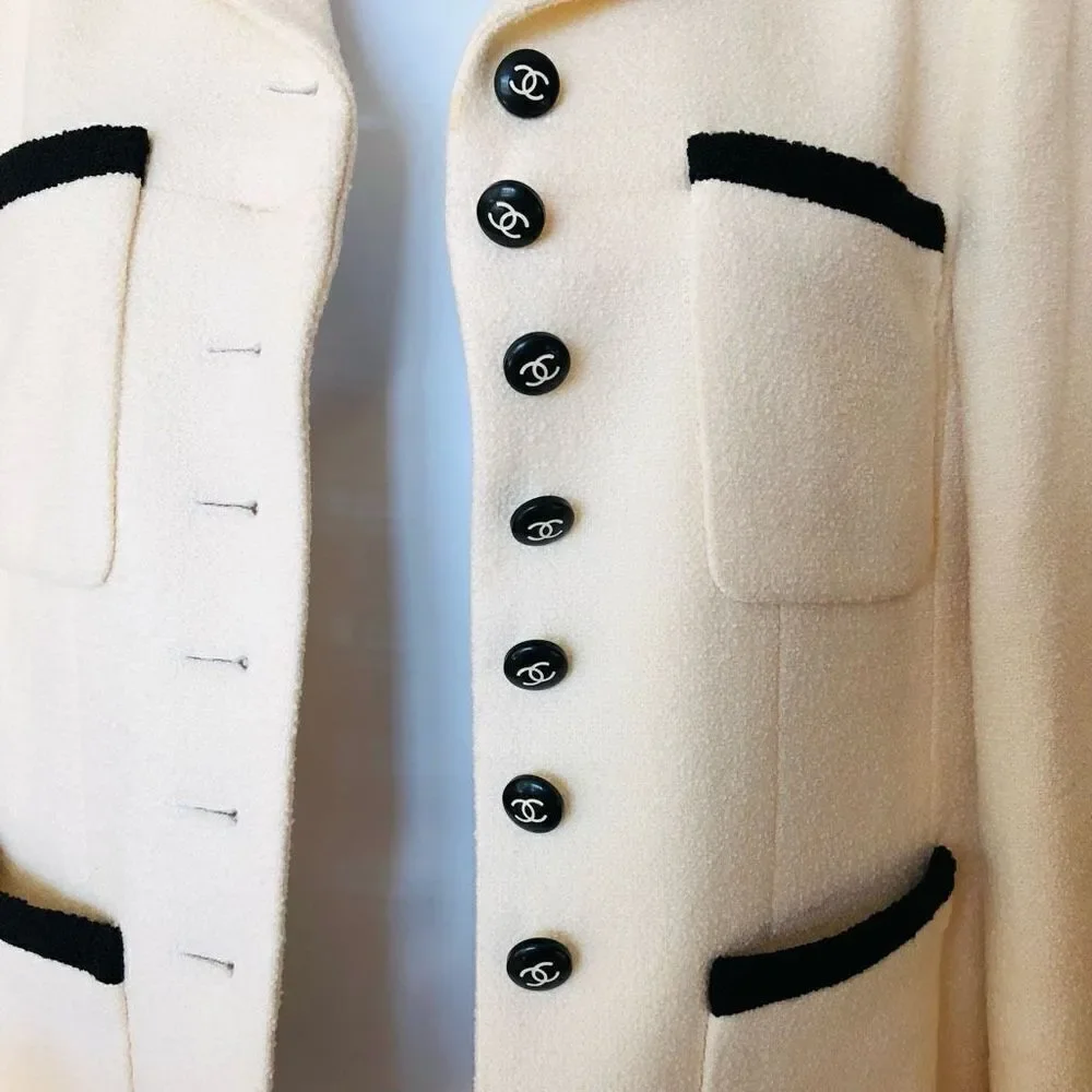 Chanel Iconic Cream and Black Boucle Button Up Blazer